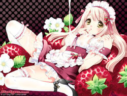 apron blonde_hair clothing cream flower food fruit galge.com garters girl_in_food high_heels in_food kamiya_maneki long_hair maid maid_headdress maneki_kamiya minigirl pink_hair ribbon shoes solo stockings strawberries strawberry tareme thighhighs waist_apron waitress wallpaper white_legwear wrist_cuffs yellow_eyes