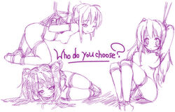 blush bondage breasts dama erika_(pangya) kooh monochrome nipples nude pangya pussy rope short_hair sketch suspension take_your_pick tied_hair twintails uncensored