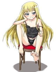 barefoot blonde_hair blue_eyes blush clothing evangeline_a.k._mcdowell evangeline_a_k_mcdowell feet flat_chest fringe gengorou lingerie long_hair looking_at_viewer mahou_sensei_negima mahou_sensei_negima! naughty_face nipple_slip nipples panties teenager toes underwear vampire