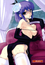 1girls blue_eyes breasts female flower fujino_shion gloves hatsu_inu high_heels highres inu777 legwear nipples puffy_nipples purple_hair pussy_juice stockings sweat tear thighhighs vibrator