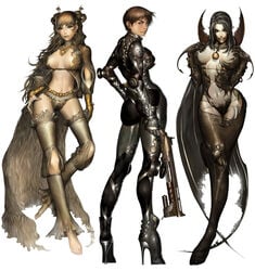 3girls alien1452 armor ass big_ass big_breasts black_hair blonde_hair boots breast_grab breasts brown_eyes brown_hair cleavage cloak clothed costume darkeden demon_girl elbow_gloves everyone feet full_body gem gloves goth gothic gun heels high_heels highres hips jewels large_breasts lingerie long_hair looking_at_viewer looking_back monster multiple_girls original panties red_eyes shoes short_hair slayer smile succubus tattoo thong toes underwear vampire weapon wide_hips yellow_eyes