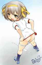 blush bottomless brown_hair clothing cum dirty_panties female female_only human panties panty_pull pee_leak peeing sekihan short_hair solo stain suzumiya_haruhi suzumiya_haruhi_no_yuuutsu underwear