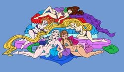 anna_(frozen) bikini bra crossover dinalfos5 disney disney_princess elsa_(frozen) frozen_(film) harem medium_breasts panties paola-tosca queen_arianna rapunzel sisters swimsuit tangled