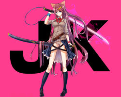 brown_hair erect_nipples female full-length_portrait full_length innie_pussy jpeg_artifacts katana long_hair nipples original pink portrait pussy see-through see-through_panties seifuku solo standing sword uncensored weapon yamada_(gotyui)