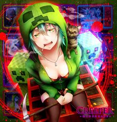 1girls :p breasts cat charged_creeper cigarette cleavage creeper creeper_girl female green_clothes green_eyes hoodie kiriya_(ahoka030) minecraft mob_talker necklace personification pickaxe rule_63 shiny_skin smoking stockings tagme