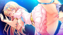 blonde_hair blush breasts censored cunnilingus dress game_cg hair harvest_overray headdress jpeg_artifacts long_hair mikami_riria nipples nironiro oral panties pussy underwear wristwear