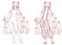 blush bow breasts fire fujiwara_no_mokou kiyama_satoshi long_hair magic monochrome nipples nude pussy sketch touhou uncensored white_background