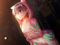 baishun_real blue_eyes breasts censored cum erect_nipples game_cg hoodie navel nayuko_(baishun_real) niwacho nopan open_clothes open_shirt pink_hair pussy shirt short_hair