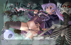 bones choker corset erect_nipples memento_(sennen_sensou_aigis) navel panties purple_hair pussy sasayuki sennen_sensou_aigis skull thighhighs tied_hair twintails uncensored underwear weapon