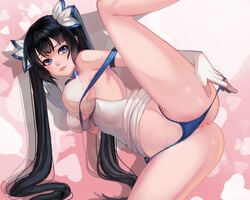 anus black_hair blue_eyes breasts censored douyougen dungeon_ni_deai_wo_motomeru_no_wa_machigatteiru_darou_ka hestia_(danmachi) long_hair panties panty_pull pussy ribbons sideboob spread_legs tied_hair twintails underwear