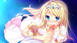 blonde_hair blue_eyes censored cum dress fellatio game_cg hair harvest_overray headdress jpeg_artifacts mikami_riria night nironiro oral ribbons stars