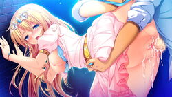 blonde_hair blue_eyes blush breasts censored cum dress game_cg harvest_overray headdress jpeg_artifacts mikami_riria nipples nironiro pussy sex wristwear