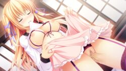 blonde_hair blush breasts censored cum ensemble_(company) game_cg garter_belt jinguuji_reika kanojo_wa_ecchi_de_midara_na_hentai long_hair nipples nopan open_clothes open_shirt penis pussy pussy_juice ribbons sex shirt skirt stockings