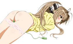 1girls amagi_brilliant_park ass brown_hair female_only masturbation mokke panties panty_pull ponytail sento_isuzu solo solo_female tied_hair underwear vibrator wet