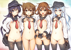 4girls akatsuki_(kantai_collection) black_hair blue_eyes blush brown_eyes brown_hair censored cute_fang group hat hibiki_(kantai_collection) hiyohiyo ikazuchi_(kantai_collection) inazuma_(kantai_collection) kantai_collection long_hair navel nipples no_bra nopan pantyhose pussy seifuku shirt_lift short_hair sketch skirt skirt_lift thighhighs tie white_hair wink