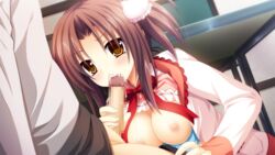 breasts brown_hair censored ensemble_(company) fellatio game_cg hair kannon_ouji kanojo_wa_ecchi_de_midara_na_hentai nipples open_clothes open_shirt oral penis shijou_hinako shirt short_hair sorai_shinya