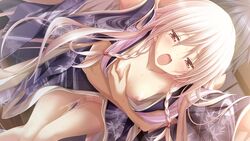 blush braids breast_grab breasts brown_eyes censored chrono_clock game_cg japanese_clothes kimono koku kuro_(chrono_clock) long_hair nipples purple_software pussy_juice sex tsukimori_hiro wet white_hair