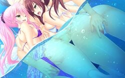 bikini brown_eyes censored fingering game_cg green_eyes hatori_piyoko koisuru_shimai_no_sextet makinose_mai makinose_mayu peassoft pink_hair ponytail swimsuit tied_hair water