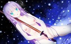 astralair_no_shiroki_towa blue_eyes censored game_cg mizunose_kotori nipples nude purple_hair shida_kazuhiro sword tagme weapon wet