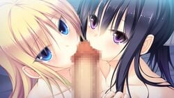 aimai_renai bed black_hair blonde_hair blue_eyes blush censored fellatio game_cg hair long_hair oral penis purple_eyes saeki_emi saeki_minami satofuji_masato