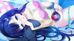 black_hair blue_eyes erect_nipples fingering game_cg harvest_overray headphones masturbation nironiro ouno_sumi pajamas panties panty_pull underwear