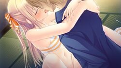 aimai_renai blonde_hair blush bra dutch_angle game_cg kissing long_hair navel nopan saeki_minami satofuji_masato underwear