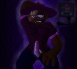 adult angry_expression arm_behind_head arm_on_leg bambisona blush cum cum_drip dave_and_bambi_mod fur gay hair_over_one_eye light_hair muscular_male purple_eyes purple_hat purple_penis purple_shirt scars_on_arm sharp_teeth tentacle_penis unzipped_pants