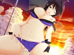 black_hair breasts brown_eyes censored cum cum_in_pussy game_cg iizuki_tasuku izumi_wakoto long_hair lovely_x_cation_2 sex spread_legs sunset swimsuit