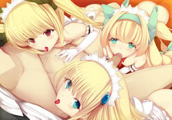 blazblue blonde_hair blue_eyes censored daiaru elbow_gloves fellatio femsub flat_chest gloves green_eyes hair harem licking maledom multiple_girls multiple_subs nipples noel_vermillion nude oral penis platinum_the_trinity rachel_alucard red_eyes