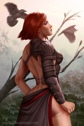 1girls armor birds blue_eyes breasts dragon_age dragon_age_origins female leliana red_hair short_hair ynorka