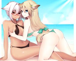 bikini breast_grab dark_skin female multiple_girls muryou phantasy_star_online phantasy_star_online_2 pussy_juice swimsuit tagme_(character) yuri