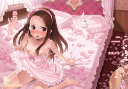 bed blush breasts brown_eyes brown_hair dress flowers idolmaster minase_iori nipples nopan petals pussy pussy_juice shirane_taito skirt skirt_lift topless uncensored