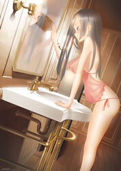 artist_name bathroom blush breasts brown_hair dutch_angle erect_nipples female fog highres indoors interior lamp leaning_forward long_hair looking_at_mirror mirror original panties reflection see-through side-tie_panties silver_eyes solo standing throtem underwear washbowl wooden_floor