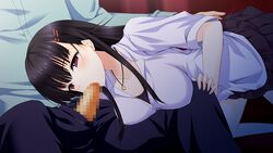 amano_misa black_hair blush censored fellatio game_cg hair hoka_no_onna_no_ko_to_h_wo_shiteiru_ore_wo_mite_koufun_suru_kanojo long_hair oral penis red_eyes shirt skirt yuuki_rika