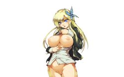 blonde_hair blue_eyes blush boku_wa_tomodachi_ga_sukunai breasts butterfly_hair_ornament cleavage hisahiko long_hair nipples no_bra nopan open_clothes open_shirt photoshop pussy sena_kashiwazaki shirt white_background wide_image