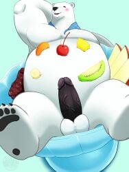 2025 3:4 anthro balls bear erection food fruit genitals hi_res kemono male mammal micro overweight overweight_male penis plant polar_bear shinorokuma3579 shirokuma shirokuma_cafe solo ursine watermark white_body