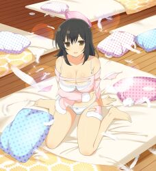 :d arm_support armpit_crease asuka_(senran_kagura) barefoot black_hair blush body_blush bow bow_bra bow_panties bra breasts brown_eyes cleavage collarbone falling_feathers feathers female futon hair_down lace lace-trimmed_bra lace-trimmed_panties lace_trim large_breasts lens_flare long_hair looking_at_viewer non-web_source official_art open_mouth panties pillow polka_dot_pillow senran_kagura senran_kagura_new_wave senran_kagura_shoujo-tachi_no_shin'ei sitting smile solo sparkle torn_clothes torn_negligee underwear wariza white_bra white_panties yaegashi_nan