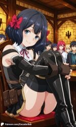 1girls ai_generated ass breasts chair crowd crowd_watching encoder female hair_ornament hugging_legs indoors looking_at_viewer nageki_no_bourei_wa_intai_shitai pants public short_hair sitting sitting_on_chair smile table tavern tino_shade torch uncensored wide_hips