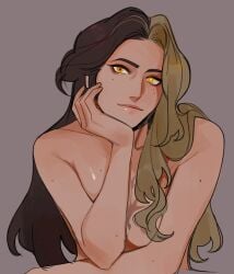 amber_eyes areola areolae areolae_peeking artistic_nude artistic_nudity bare_breasts bare_midriff barefoot blonde_female breasts brown_hair female female_only glacierclear looking_at_viewer medium_breasts nonsexual nonsexual_nudity original original_character scar scarred solo solo_female solo_focus tasteful tasteful_nudity topless topless_female two-tone_hair two_tone_hair yellow_eyes