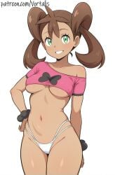 ai_generated breasts brown_hair crop_top dark-skinned_female dark_skin female game_freak green_eyes hand_on_hip highleg long_hair looking_at_viewer medium_breasts navel nintendo off_shoulder panties pink_shirt pokemon pokemon_(game) pokemon_xy shauna_(pokemon) shirt simple_background smile solo twintails underboob underwear vortalis white_background white_panties