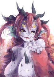 black_sclera breasts dunceneygak horn horns insect_girl large_breasts monster_girl multi_ear multi_eye multi_horn nipples red_hair tail yellow_eyes