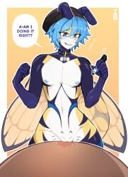 absurd_res andromorph andromorph_(lore) anthro arthropod bee biped blush claws fingers genitals hair hi_res hymenopteran insects intersex intersex_(lore) nipples nude nude_andromorph nude_anthro nude_intersex simple_background smile solo thericegoat vulva wings