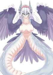 areolae black_sclera breasts claws dunceneygak feathered_wings female horns large_breasts lavender_hair long_hair looking_at_viewer monster_girl navel nipples nude orange_eyes original simple_background solo spread_legs tail_feathers white_background wings