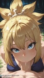 1girls ai_generated bare_legs bare_shoulders bare_thighs big_breasts blonde_female blonde_hair blowjob blue_eyes breasts cavewoman cheek_bulge clothed clothed_female curvy curvy_body curvy_female deepthroat dr.stone dreamyan_ai fellatio forest hi_res high_quality high_resolution highres kohaku_(dr.stone) large_breasts looking_at_viewer male_pov oral oral_sex outdoors pov pov_eye_contact short_hair sucking sucking_penis thick_ass thick_thighs thighs uncensored