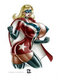 1girls 2005 ac_comics american_flag american_flag_bodysuit bimbo blonde_hair blue_eyes breasts busty cape cleavage erect_nipples femforce huge_breasts lipstick ms._victory nipple_bulge rinaldi sideboob superheroine voluptuous