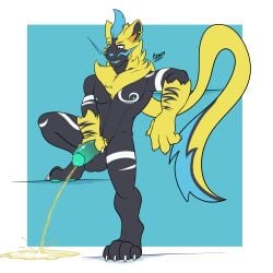 absurd_res anthro bodily_fluids fan_character fluffy generation_7_pokemon genital_fluids genitals hi_res interspecies legendary_pokemon male marking_territory nintendo penis pokemon pokemon_(species) regal-bowser solo tattoo urine watersports zeraora