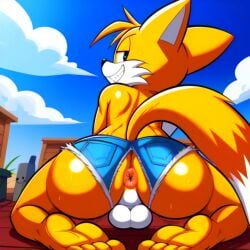 1boy 2_tails ai_generated anus ass ass_focus blue_eyes furry furry_male knees looking_back male male_only miles_prower miles_tails_prower naughty_face sega short_shorts smug solo sonic_(series) sonic_the_hedgehog_(series) tails_the_fox testicles two-tone_tail yellow_fur