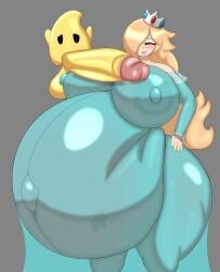 big_areola big_belly big_breasts big_nipples blonde_hair blue_dress bonkomi cream_hair crown dress embarrassed enormous_cock gigantic_penis highres luma massive_cock massive_penis naked pink_areola pink_nipples rosalina shy silver_crown simple_background smiling super_mario_galaxy transparent_clothing