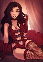 1girls asami_sato avatar_the_last_airbender black_hair cleavage clothing female female_only k-y-h-u lingerie long_hair medium_breasts seductive sitting solo stockings the_legend_of_korra