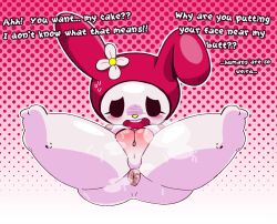 anthro anus blush breasts cheriponpon feet female furry hi_res lagomorph my_melody nervous nipples onegai_my_melody presenting_pussy pussy rabbit sanrio smaller_female sweat text white_fur